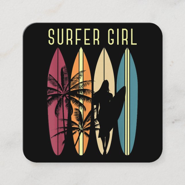 Tarjeta De Visita Cuadrada Surfista Chica Surfboard Chicas Surf Oce (Anverso)