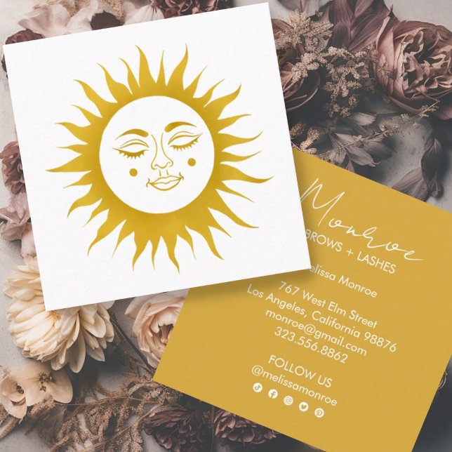 Tarjeta De Visita Cuadrada Sweet Sunshine Boho Line Art Gold Social Media (Sweet sunshine decorates this custom golden business card. Add your own text, change font, edit icon)