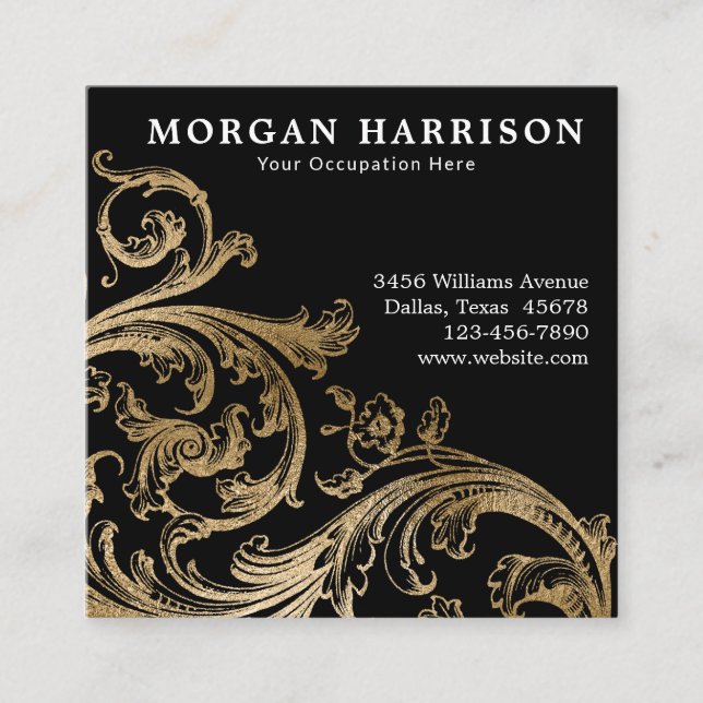 Tarjeta De Visita Cuadrada Swirl Barroco Damask Gold (Anverso)