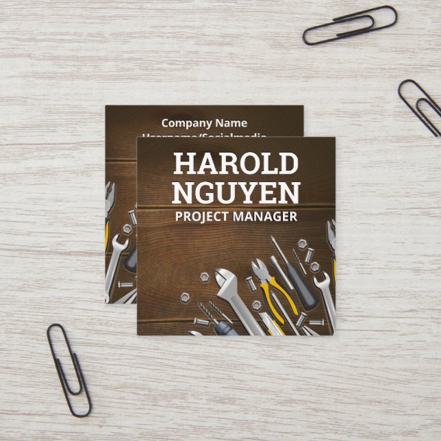 Tarjeta De Visita Cuadrada Tabla de madera de herramientas de artesanos (Anverso/Reverso In Situ)