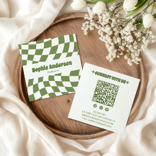 Tarjeta De Visita Cuadrada Tablero de ajedrez ondulado verde retro con código