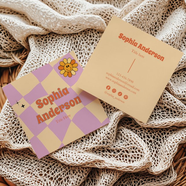 Tarjeta De Visita Cuadrada Tablero retro de flores sonrientes - Peach y Purpl (Subido por el creador)