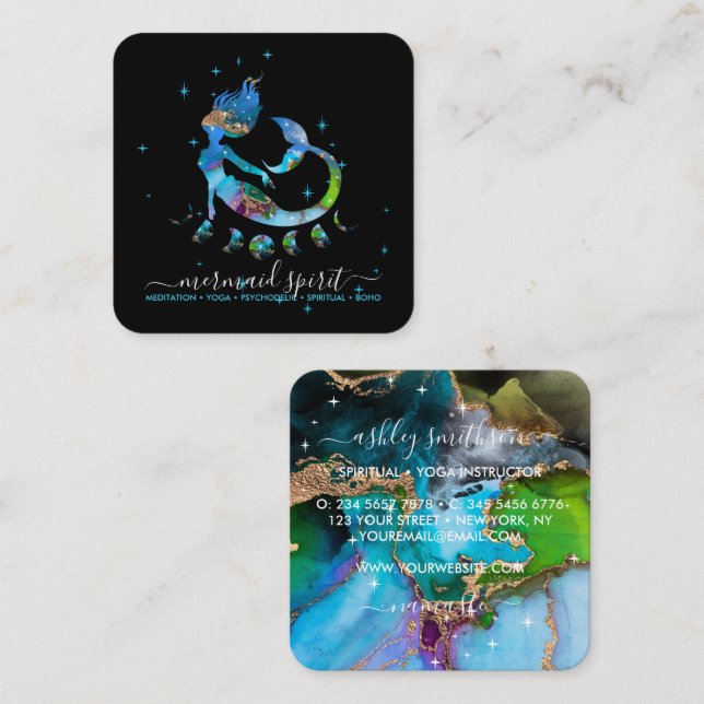 Tarjeta De Visita Cuadrada Tarto espiritual de la luna de la sirena leyendo e (Anverso / Reverso)