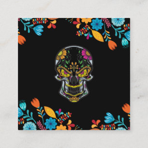 Tarjeta De Visita Cuadrada Tatuaje de cráneo floral negro