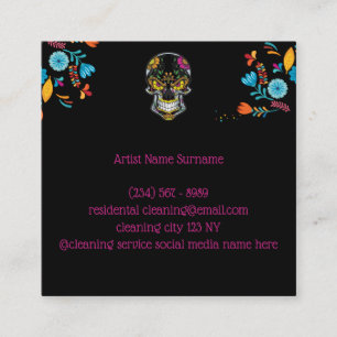 Tarjeta De Visita Cuadrada Tatuaje de cráneo floral negro