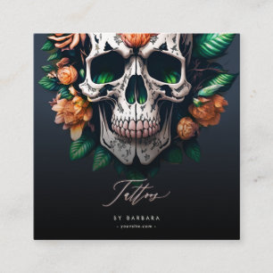 Tarjeta De Visita Cuadrada Tatuaje moderno Tattoo Artist Skull Azul oscuro