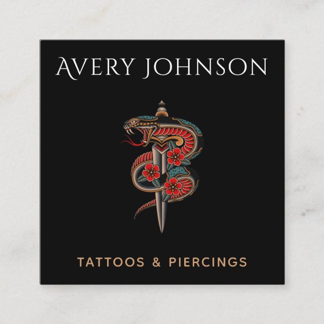 Tarjeta De Visita Cuadrada Tatuaje moderno y serpiente floral y caballero (Anverso)