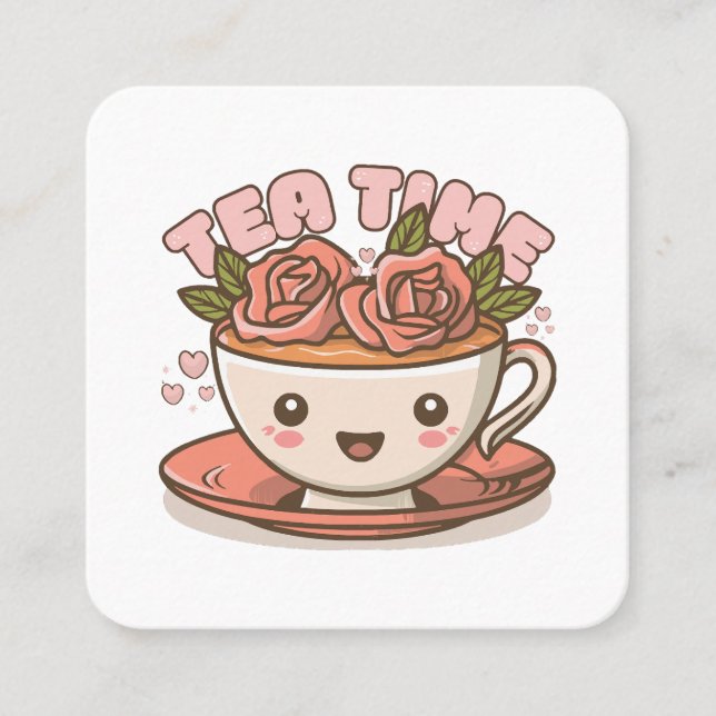 Tarjeta De Visita Cuadrada Té de Rosa Hora del Té Kawaii (Anverso)