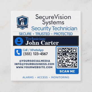 Tarjeta De Visita Cuadrada Técnico de Seguridad y Servicio de Alarma QR perso