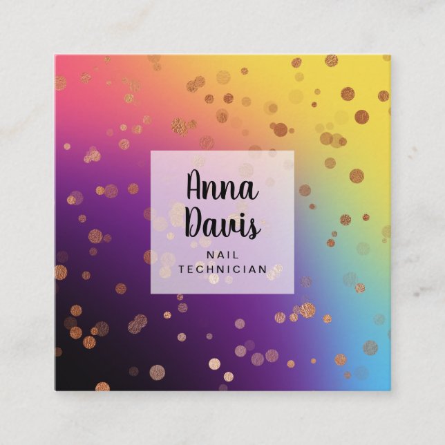 Tarjeta De Visita Cuadrada Técnico de uñas holográficas rosa oro (Anverso)