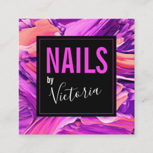 Tarjeta De Visita Cuadrada Técnico de uñas Neon Pink Modern Abstract Salon
