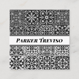 Tarjeta De Visita Cuadrada Teja modelada Paisley blanco y negro