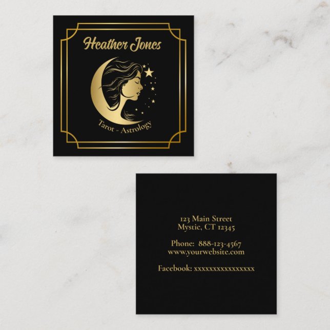 Tarjeta De Visita Cuadrada Tema celeste en oro (Anverso / Reverso)