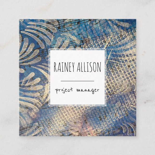 Tarjeta De Visita Cuadrada Tema musical artístico azul funky con iconos socia (Anverso)