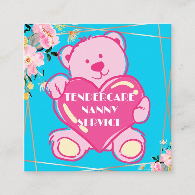 Tarjeta De Visita Cuadrada Tendercare Nanny Service Blue And Pink Teddy Bear (Anverso)