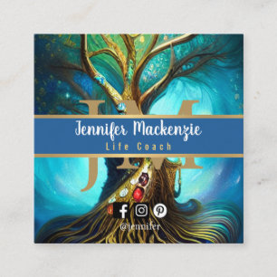 Tarjeta De Visita Cuadrada Terapeuta Coach de Vida Árbol de la Vida Arcoíris