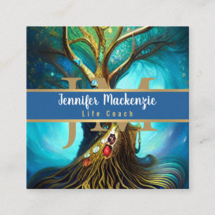 Tarjeta De Visita Cuadrada Terapeuta Coach de Vida Árbol de la Vida Arcoíris