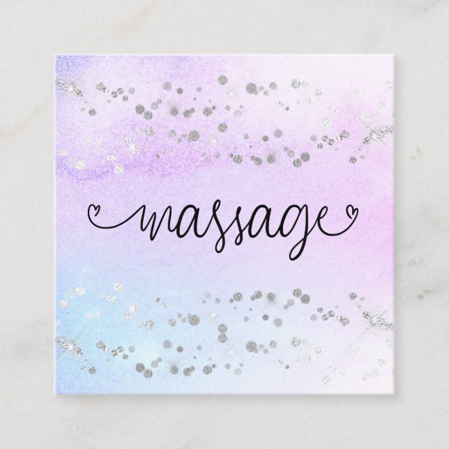 Tarjeta De Visita Cuadrada *~* Terapia de masajes Pastel Purpurina Arcoiris (Anverso)