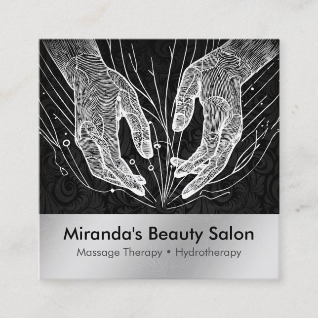 Tarjeta De Visita Cuadrada Terapia Masajista Manos Curadoras Energía Spa Well (Anverso)
