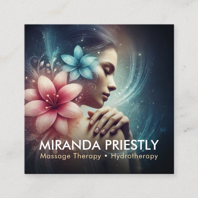 Tarjeta De Visita Cuadrada Terapia Masajista Manos Curadoras Energía Spa Well (Anverso)
