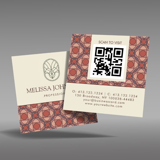Tarjeta De Visita Cuadrada Terracotta Geometric Square QR Business Card (Subido por el creador)