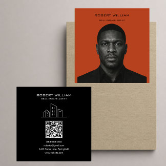Tarjeta De Visita Cuadrada Terracotta Naranja Negro Agente Inmobiliario QR Fo