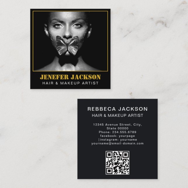 Tarjeta De Visita Cuadrada texto encantador fotógrafo moderno código QR negro (Anverso / Reverso)