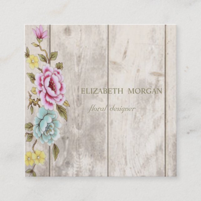 Tarjeta De Visita Cuadrada Textura elegante de madera, floral (Anverso)