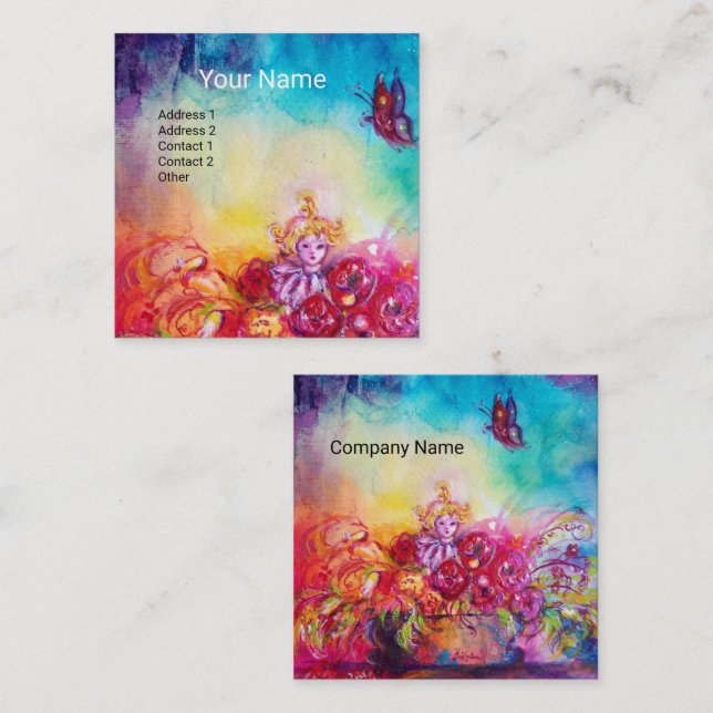 TARJETA DE VISITA CUADRADA THUMBELINA,TAPA DE FLORES Y MARIPOSA (Anverso / Reverso)