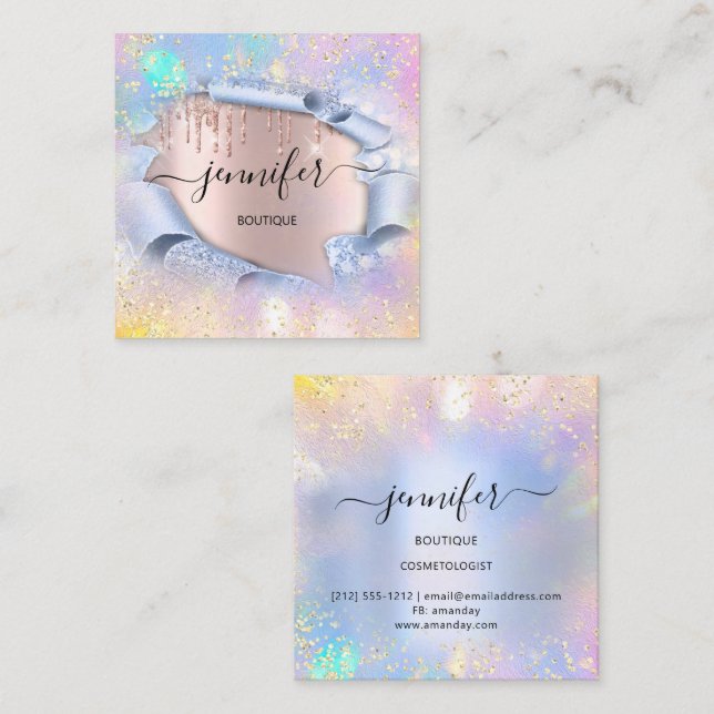 Tarjeta De Visita Cuadrada Tienda Boutique Profesional Glitter Azul Holograph (Anverso / Reverso)