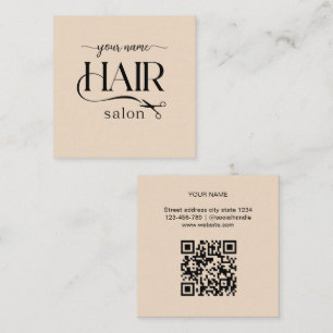 Tarjeta De Visita Cuadrada Tijeras beige Script código Qr de la peluquería