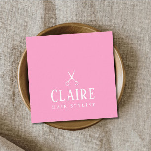 Tarjeta De Visita Cuadrada Tijeras Blancas Rosa Elegante Mínima Peluquera