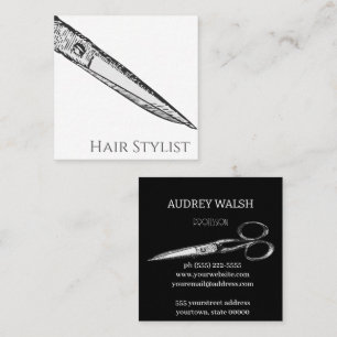 Tarjeta De Visita Cuadrada Tijeras de época, cuadrado blanco y negro sencillo