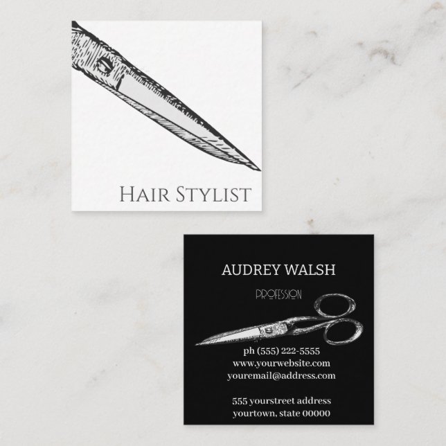 Tarjeta De Visita Cuadrada Tijeras de época, cuadrado blanco y negro sencillo (Anverso / Reverso)