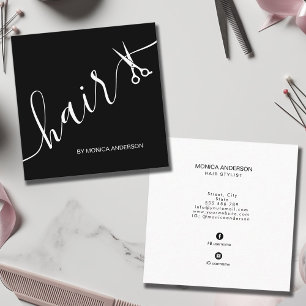 Tarjeta De Visita Cuadrada Tijeras de estilista de pelo negro blanco elegante