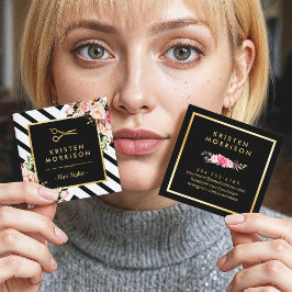 Tarjeta De Visita Cuadrada Tijeras de oro Flores Hair Estilista Salón de Bell