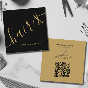 Tarjeta De Visita Cuadrada Tijeras de pelo de oro negro de lujo con código QR