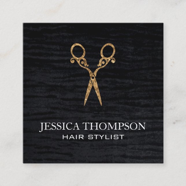 Tarjeta De Visita Cuadrada Tijeras de salón de imprenta negra de terciopelo f (Anverso)