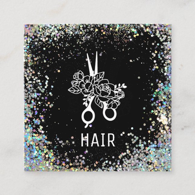 Tarjeta De Visita Cuadrada *~* Tijeras florales Purpurina arcoiris AP6 (Anverso)