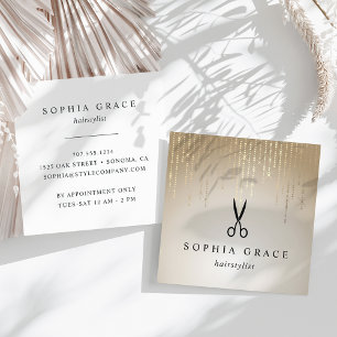 Tarjeta De Visita Cuadrada Tijeras hairstylista de la lluvia dorada