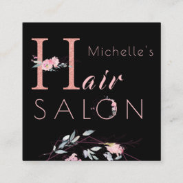 Tarjeta De Visita Cuadrada Tipografía floral purpurina salón de pelo negro ro