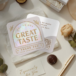 Tarjeta De Visita Cuadrada Trendy Chic Holographic Aura Arch Beige Thank you