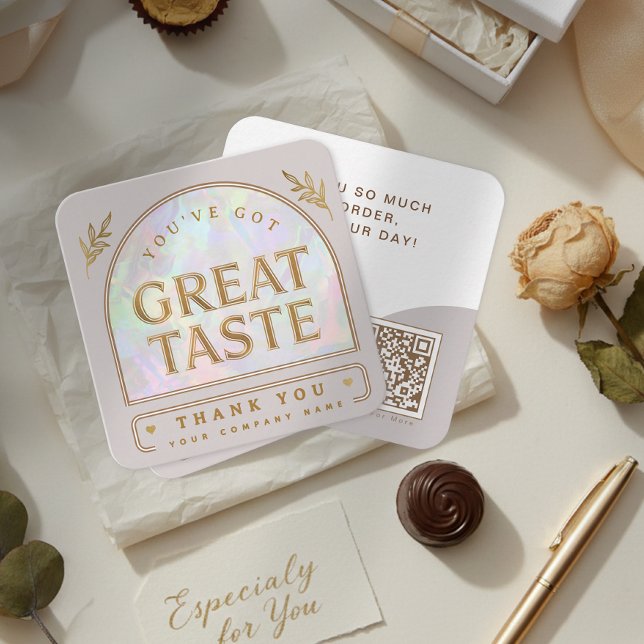 Tarjeta De Visita Cuadrada Trendy Chic Holographic Aura Arch Beige Thank you (Trendy Chic Holographic Aura Arch Beige Thank you Square Business Card)