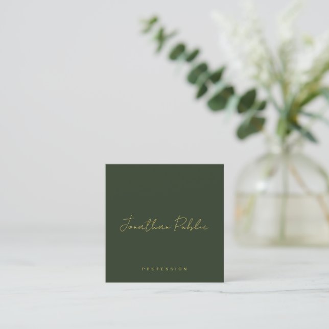 Tarjeta De Visita Cuadrada Trendy Elegant Dark Green Handwritten Gold Text (Anverso de pie)