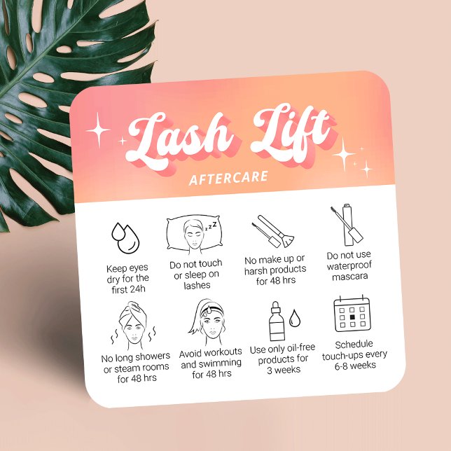 Tarjeta De Visita Cuadrada Trendy Girly Peach Lash Lift & Tint Aftercare Card (Lash lift & tint aftercare instructions cards in trendy groovy style with your logo and custom text)