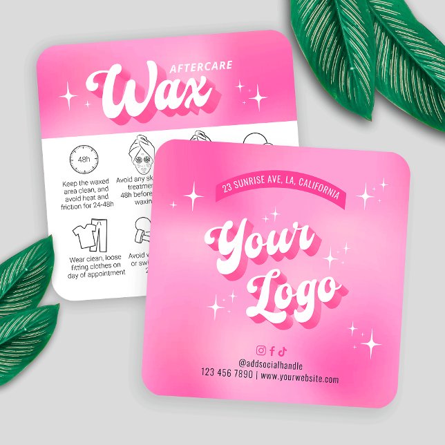 Tarjeta De Visita Cuadrada Trendy Girly Pink Groovy Waxy Aftercare Guide (Trendy waxing care cards with icons, featuring girly pink design, care icons & retro fonts)