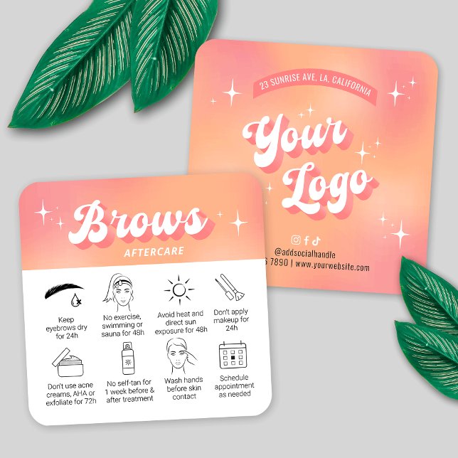 Tarjeta De Visita Cuadrada Trendy Peach Retro Groovy Brows After Care Cards (Eyebrows aftercare instructions cards in trendy groovy style with your logo and custom text)