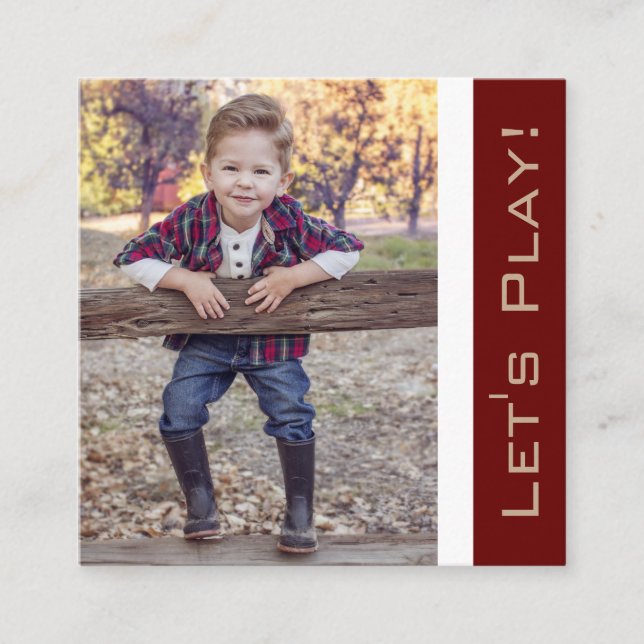 Tarjeta De Visita Cuadrada Trendy Red Playdate Card con foto (Anverso)