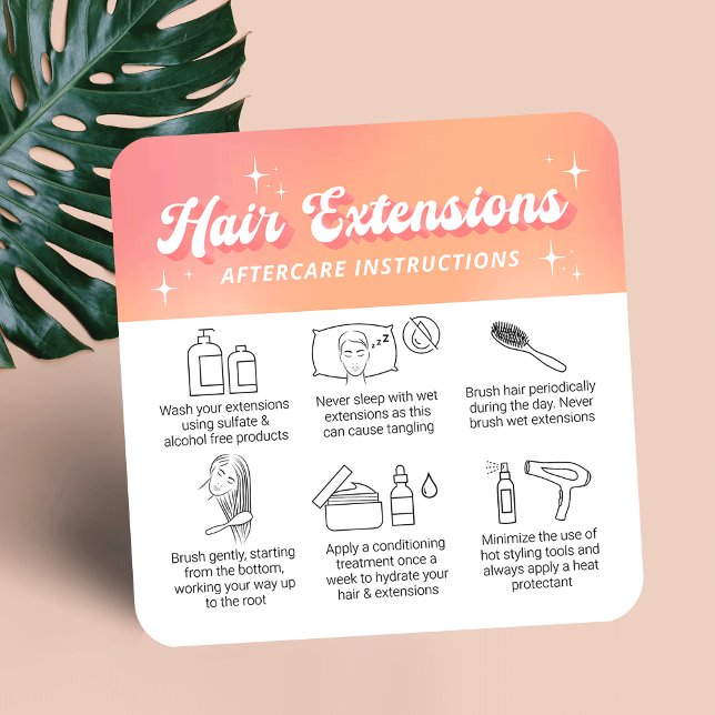 Tarjeta De Visita Cuadrada Trendy Retro Peach Logo Hair Extensions Aftercare (Hair extensions aftercare instructions cards in trendy groovy style with your logo and custom text)