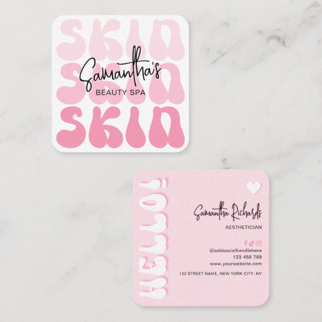 Tarjeta De Visita Cuadrada Trendy Retro Pink Beauty Salon Skin Aesthetician (Anverso / Reverso)